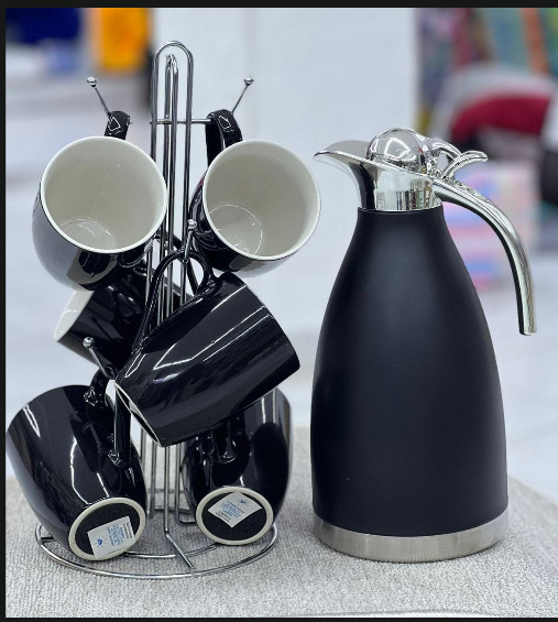 7pcs Luxury Tea Cup Set 6 pc cups black  2:0 ltrs  Thermal Flask – Elegant Ceramic Mug Set for Home & Office