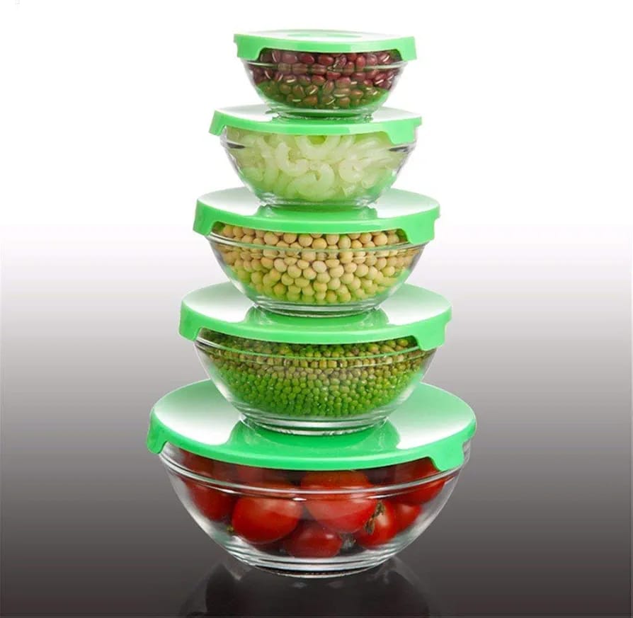 5pcs Glass bowl clear with coloured lids (Capacity:120ml,200ml,300ml,450ml,860ml
