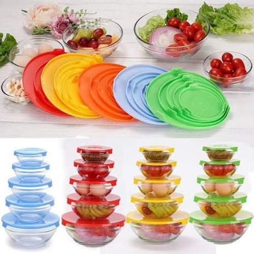 5pcs Glass bowl clear with coloured lids (Capacity:120ml,200ml,300ml,450ml,860ml