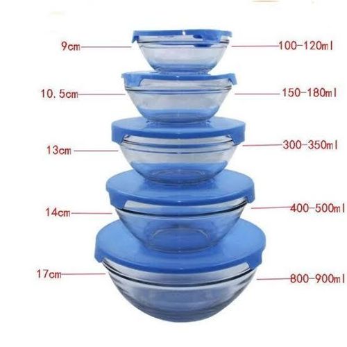 5pcs Glass bowl clear with coloured lids (Capacity:120ml,200ml,300ml,450ml,860ml
