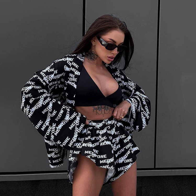 AHLSE Spring 2025 Women Polyester Office Workwear Set Geometric Text Print Casual Professional Pants Suit Purple Green White Khaki Black S-XL Elegant Chic Digital Printing Fashionable Versatile Outfit