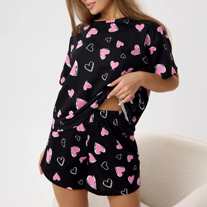 Spring 2025 Women Black Heart Print Polyester Pajama Set Short Sleeve Round Neck Shorts Lounge Sleepwear Home Outdoor Breathable Soft Comfortable Stylish Cute Two-Piece All Season Hotel Bathhouse