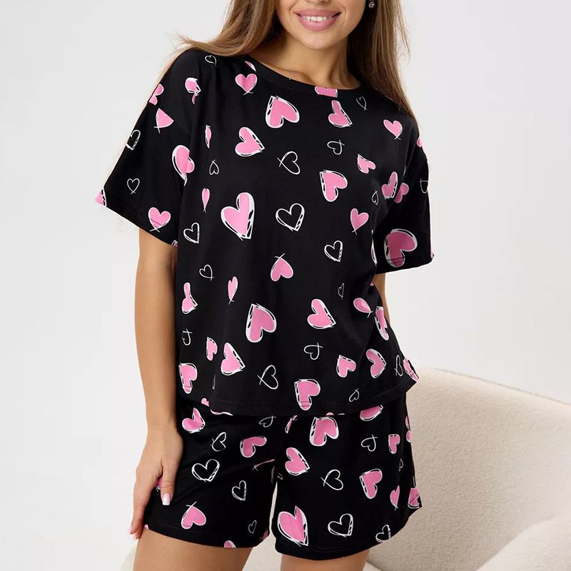 Spring 2025 Women Black Heart Print Polyester Pajama Set Short Sleeve Round Neck Shorts Lounge Sleepwear Home Outdoor Breathable Soft Comfortable Stylish Cute Two-Piece All Season Hotel Bathhouse