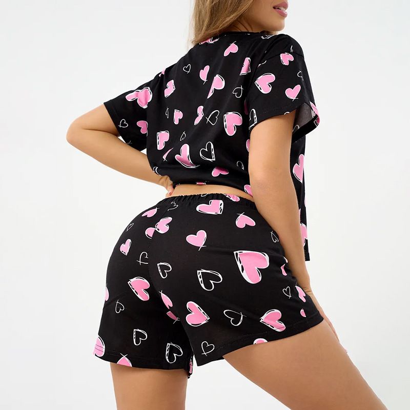 Spring 2025 Women Black Heart Print Polyester Pajama Set Short Sleeve Round Neck Shorts Lounge Sleepwear Home Outdoor Breathable Soft Comfortable Stylish Cute Two-Piece All Season Hotel Bathhouse