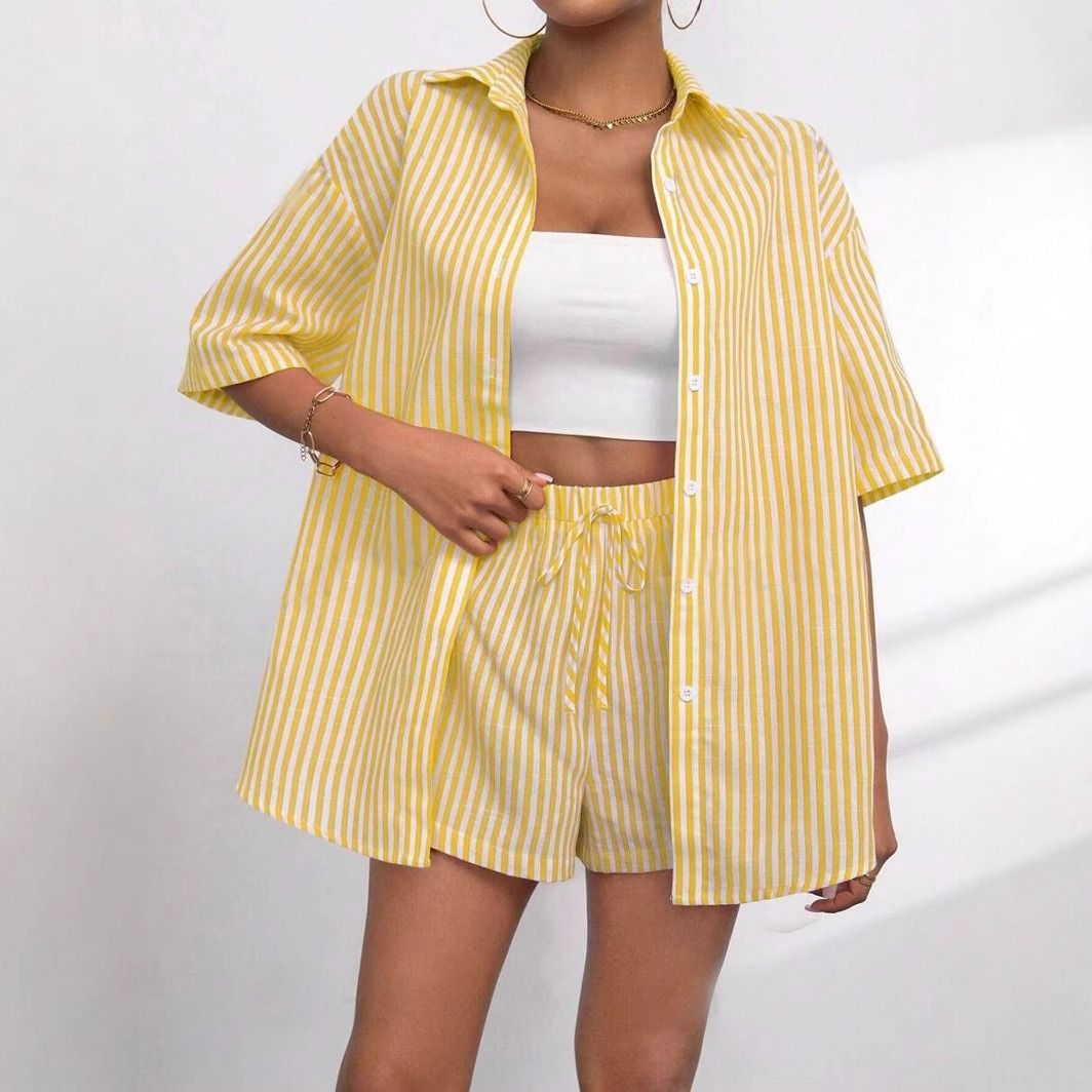 Summer 2025 Two-Piece Sets Striped Casual Outfits Women's Matching Outfits Vibrant Color Clothing Lightweight Summer Wear Casual Chic Tops & Bottoms Crop Top Matching Sets Vertical Stripes Design