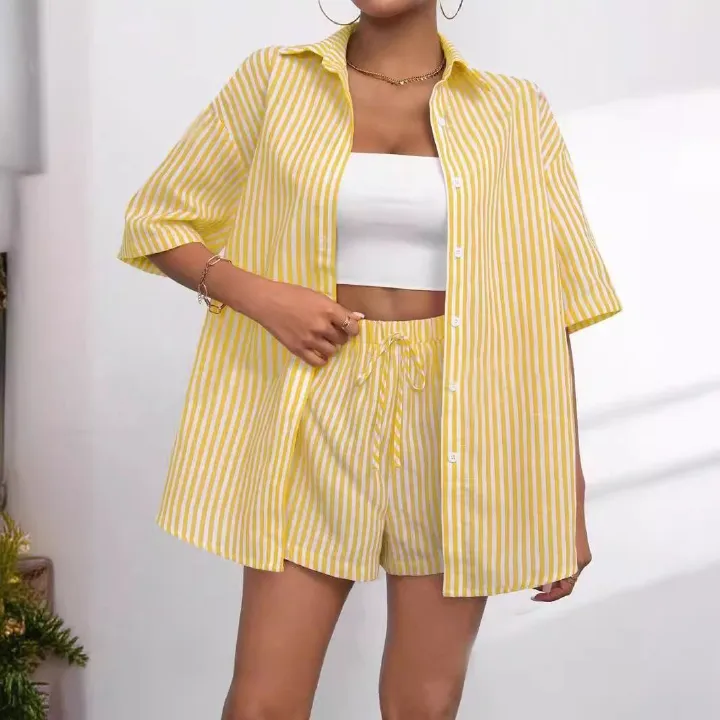 Summer 2025 Two-Piece Sets Striped Casual Outfits Women's Matching Outfits Vibrant Color Clothing Lightweight Summer Wear Casual Chic Tops & Bottoms Crop Top Matching Sets Vertical Stripes Design