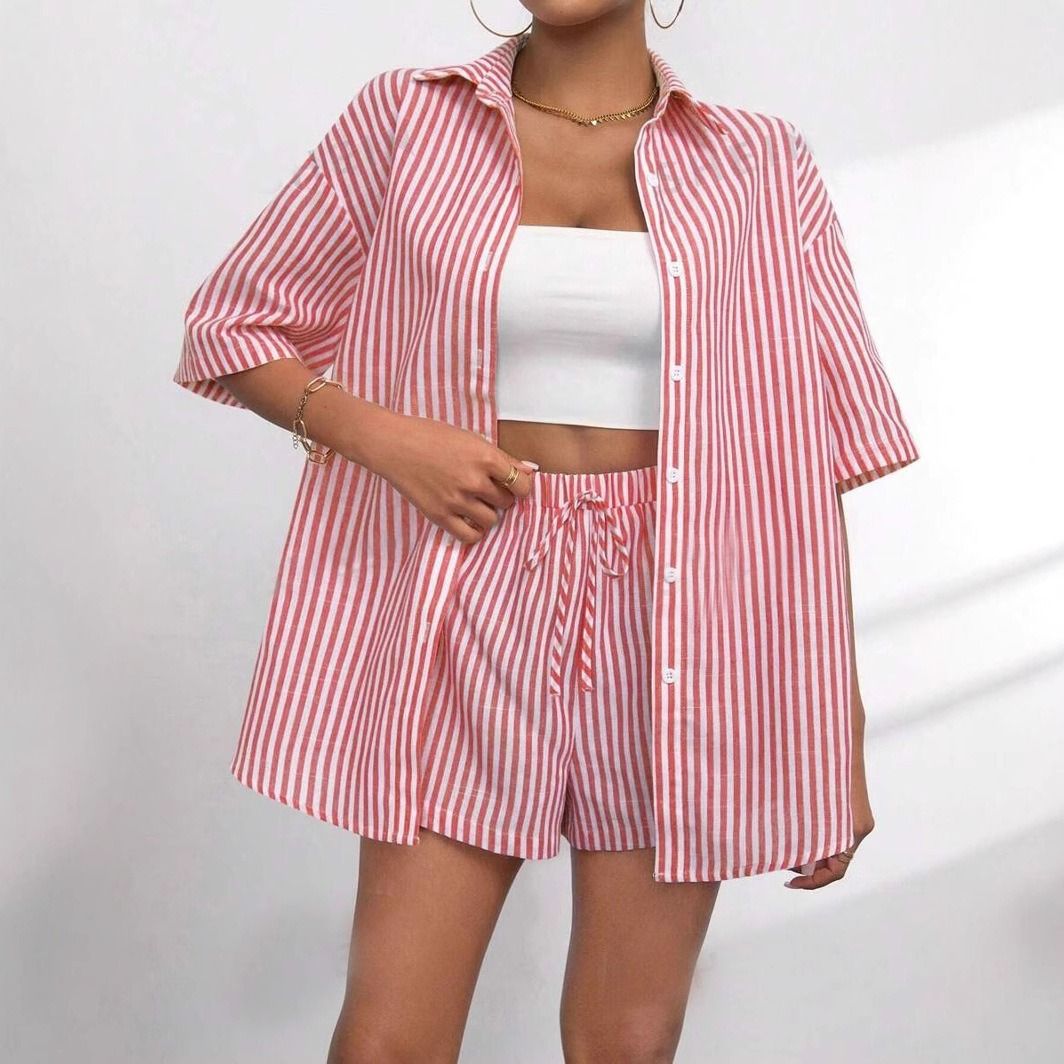 Summer 2025 Two-Piece Sets Striped Casual Outfits Women's Matching Outfits Vibrant Color Clothing Lightweight Summer Wear Casual Chic Tops & Bottoms Crop Top Matching Sets Vertical Stripes Design