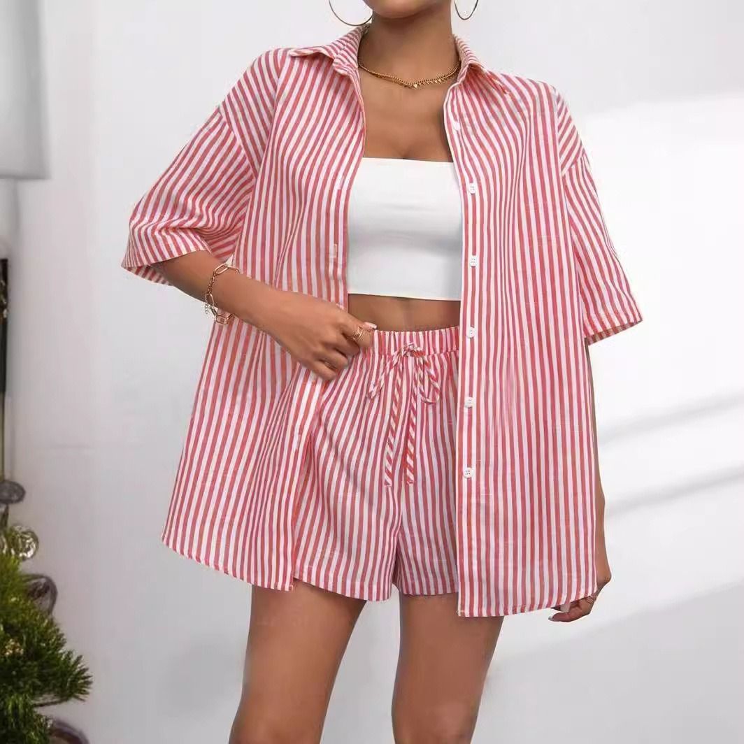 Summer 2025 Two-Piece Sets Striped Casual Outfits Women's Matching Outfits Vibrant Color Clothing Lightweight Summer Wear Casual Chic Tops & Bottoms Crop Top Matching Sets Vertical Stripes Design