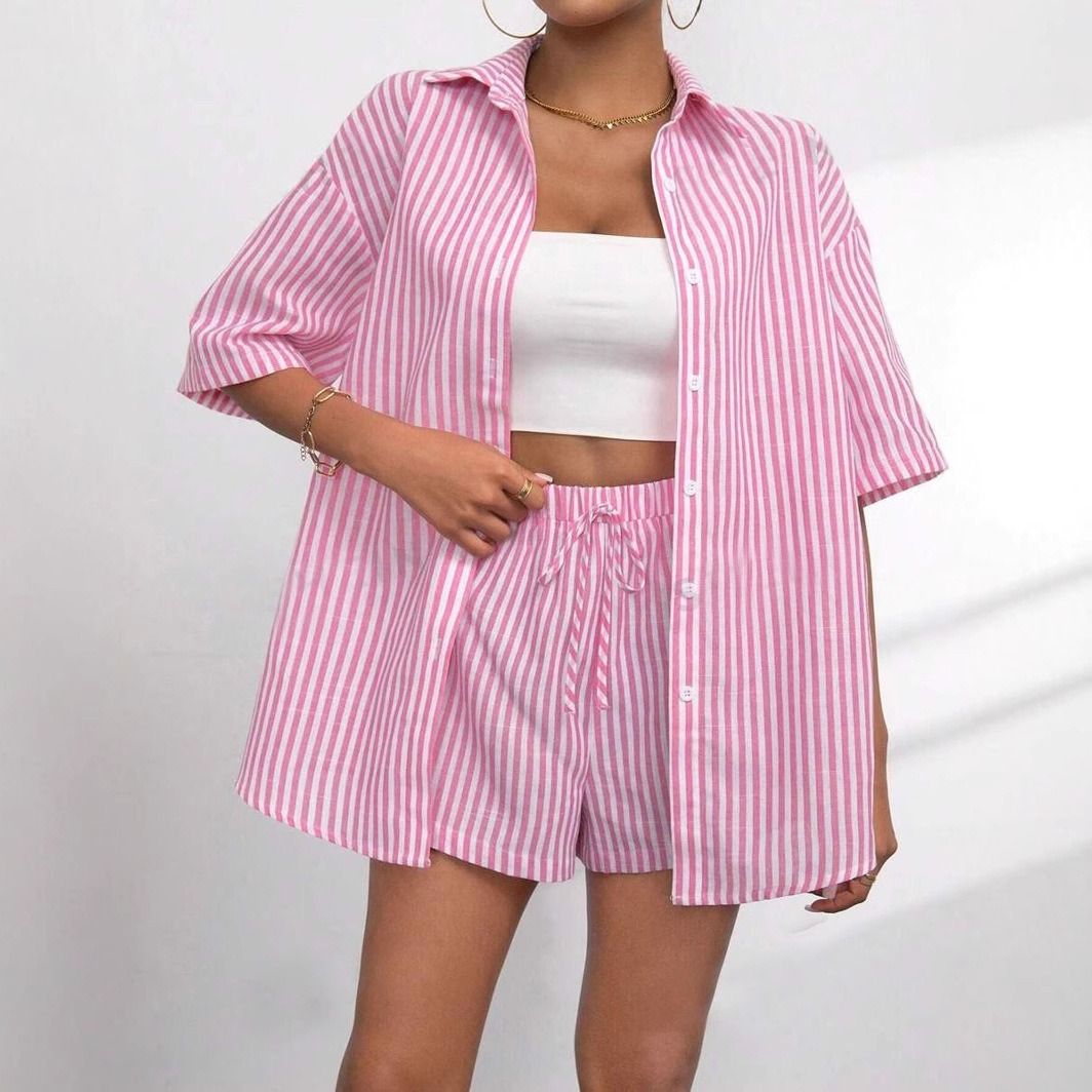 Summer 2025 Two-Piece Sets Striped Casual Outfits Women's Matching Outfits Vibrant Color Clothing Lightweight Summer Wear Casual Chic Tops & Bottoms Crop Top Matching Sets Vertical Stripes Design