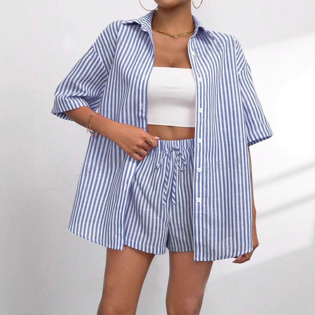 Summer 2025 Two-Piece Sets Striped Casual Outfits Women's Matching Outfits Vibrant Color Clothing Lightweight Summer Wear Casual Chic Tops & Bottoms Crop Top Matching Sets Vertical Stripes Design