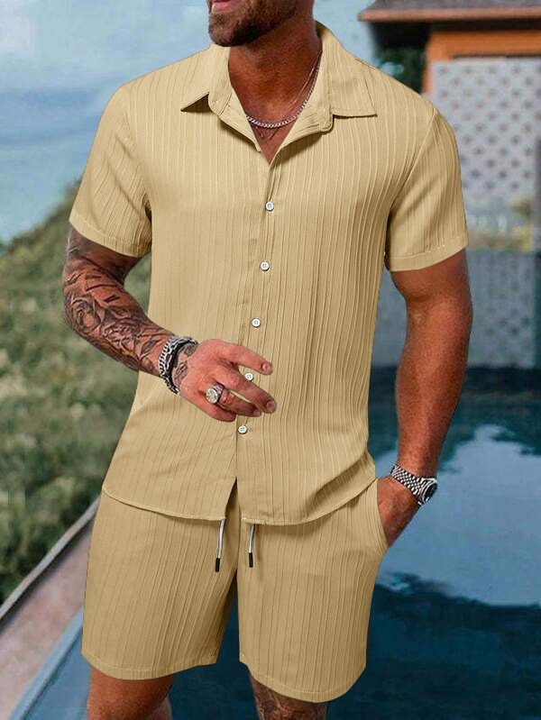 European and American cross-border summer  men's clothing shirt casual loose short-sleeve shorts beach set