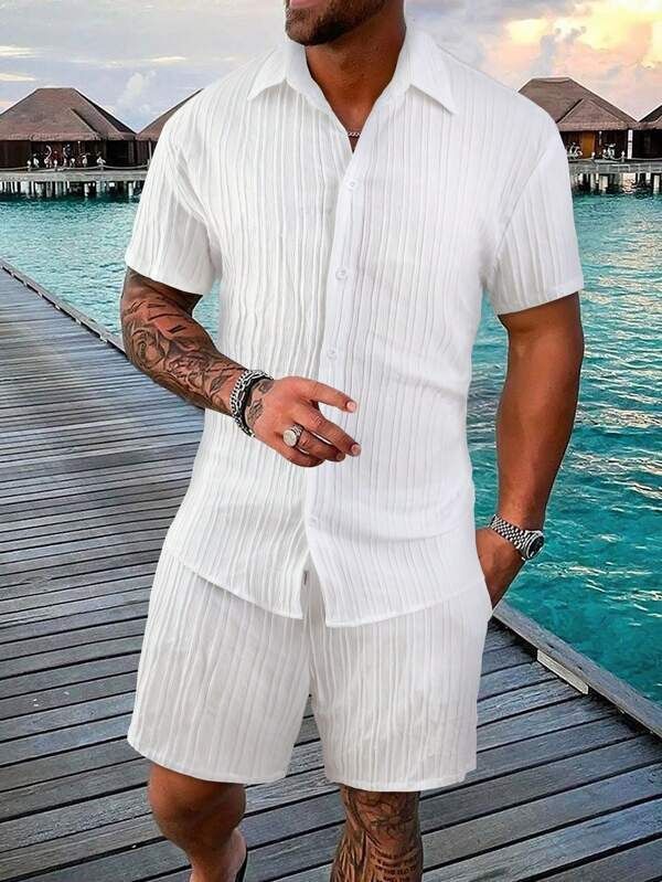 European and American cross-border summer  men's clothing shirt casual loose short-sleeve shorts beach set