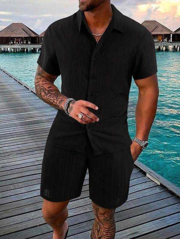 European and American cross-border summer  men's clothing shirt casual loose short-sleeve shorts beach set