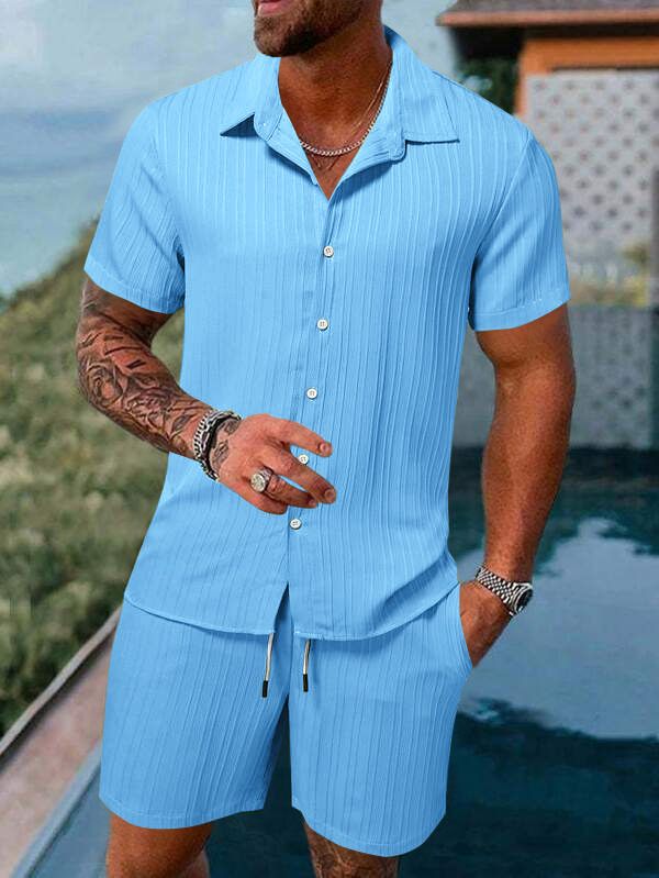 European and American cross-border summer  men's clothing shirt casual loose short-sleeve shorts beach set