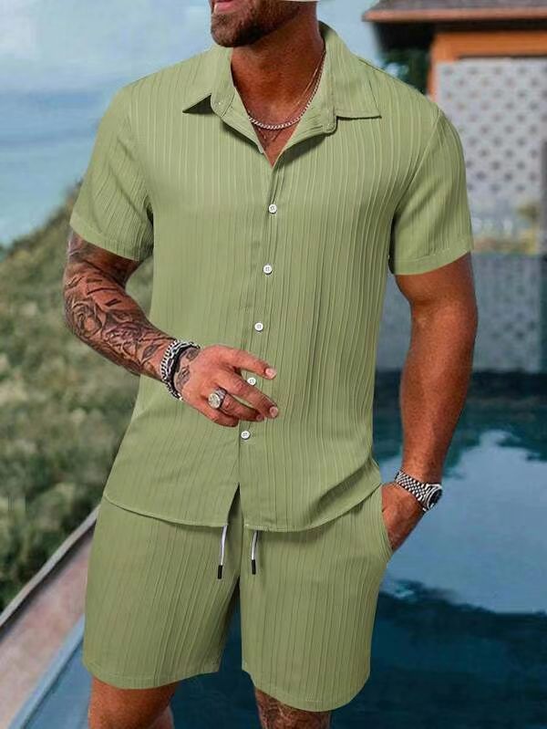 European and American cross-border summer  men's clothing shirt casual loose short-sleeve shorts beach set