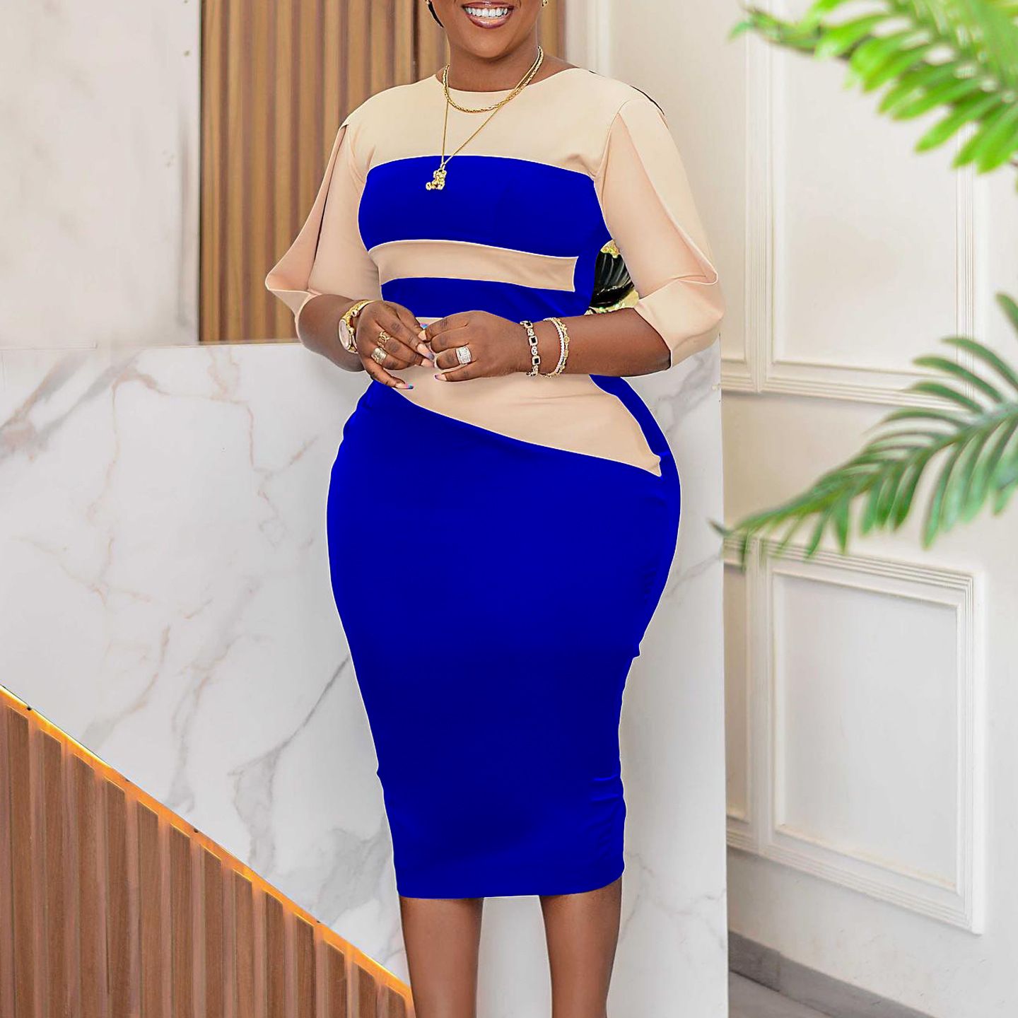 African Plus-Size Women's Clothing 2024 Spring New Style Fashionable and Elegant Commuting OL Five-Finger Sleeve Color-Block Pencil Dress for Foreign Trade
Fabric Name: Polyester
Pattern: Solid color