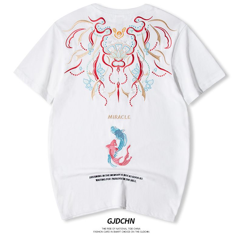 NS Trendy Brand, Domestic Trend with Chinese Style. Short-sleeved T-shirt for men made of pure cotton with koi fish embroidery. Loose fit, trendy style. Plus-size men's upper garment T-shirt and vest.