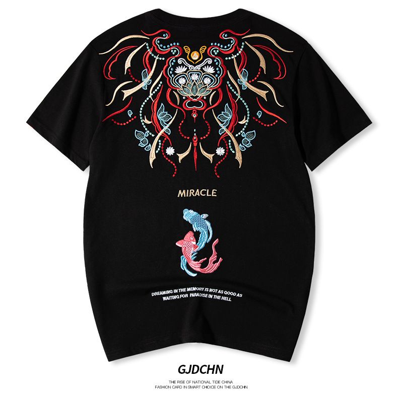 NS Trendy Brand, Domestic Trend with Chinese Style. Short-sleeved T-shirt for men made of pure cotton with koi fish embroidery. Loose fit, trendy style. Plus-size men's upper garment T-shirt and vest.