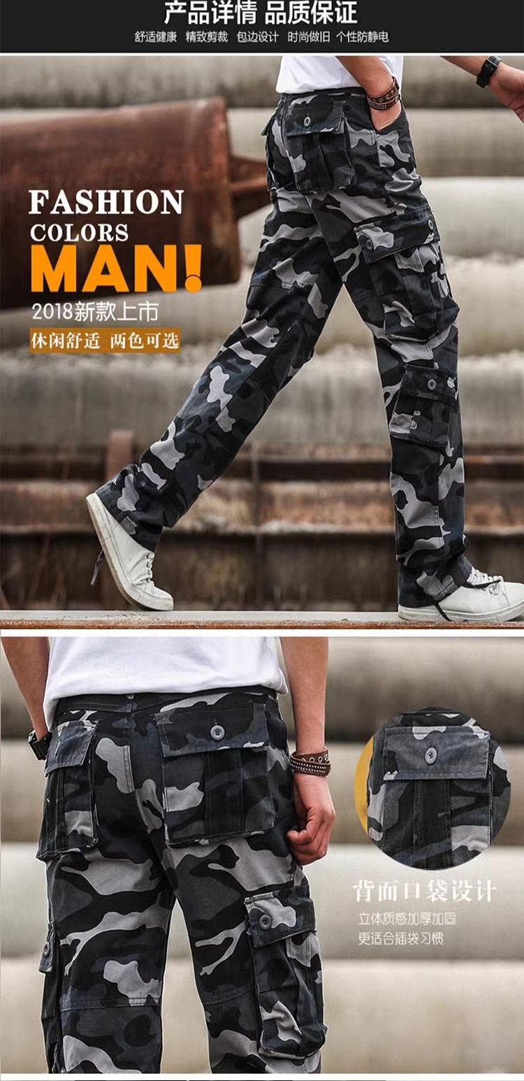 Men's multi-pocket utility long cargo pants, sports pants, loose straight-leg style, available in large sizes, wear-resistant, extra-large sizes, suitable for skateboarding, casual style, jodhpurs.