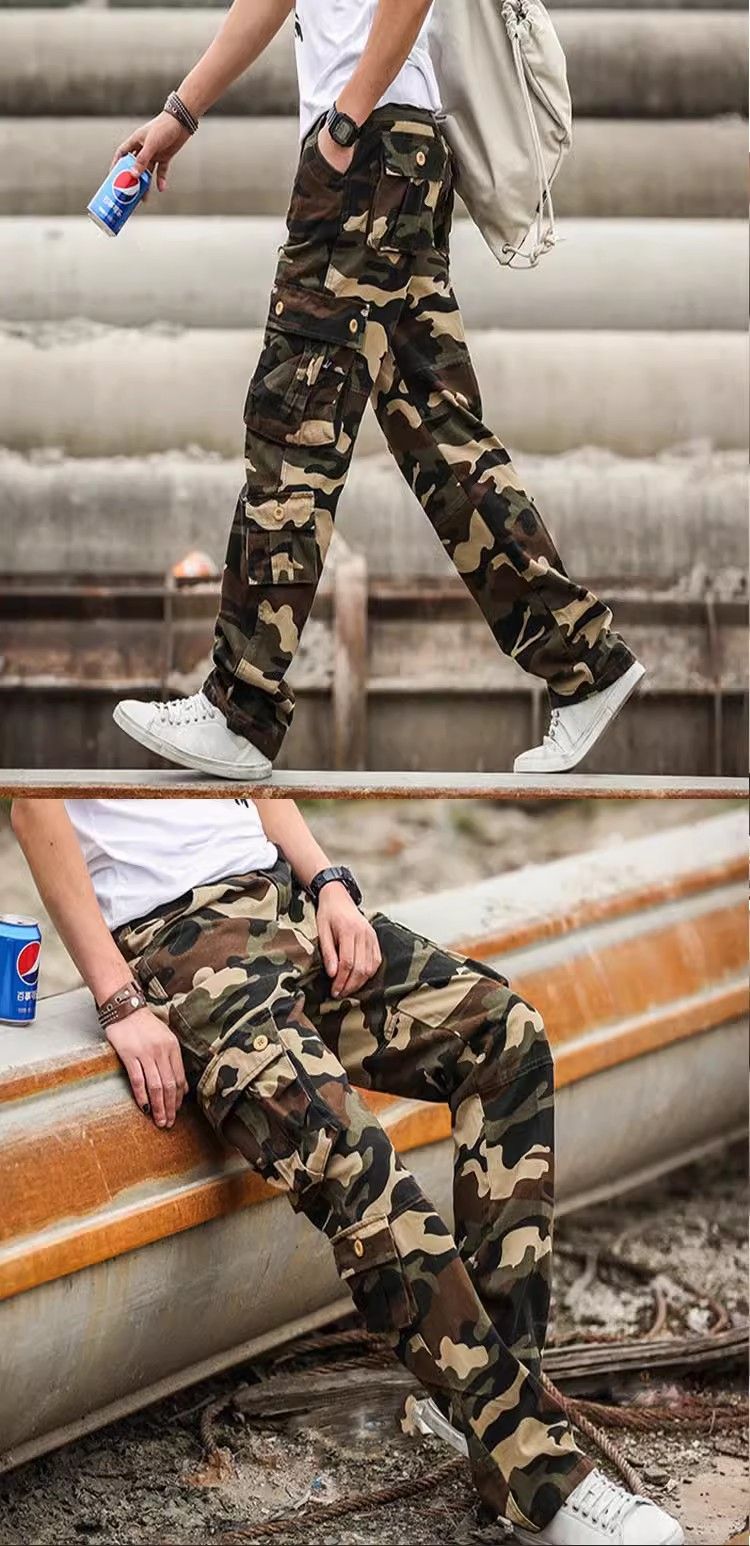Men's multi-pocket utility long cargo pants, sports pants, loose straight-leg style, available in large sizes, wear-resistant, extra-large sizes, suitable for skateboarding, casual style, jodhpurs.