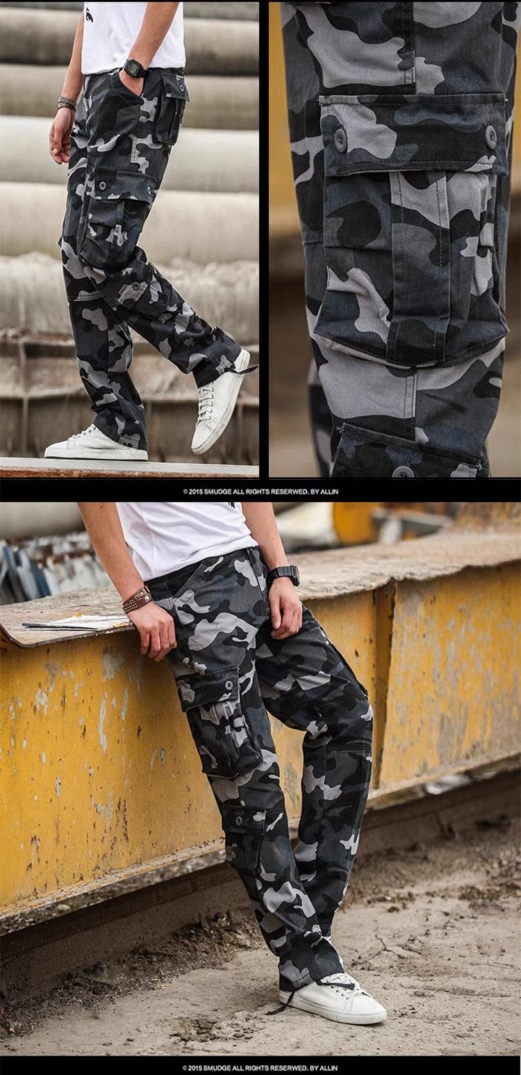 Men's multi-pocket utility long cargo pants, sports pants, loose straight-leg style, available in large sizes, wear-resistant, extra-large sizes, suitable for skateboarding, casual style, jodhpurs.