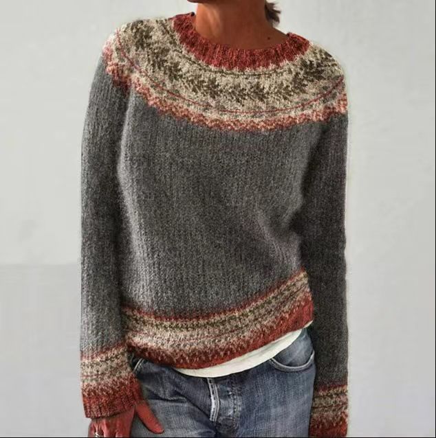 New Style Women's Sweater - Best-selling  Fashionable Loose-Fit Color Block Round Neck Pullover Knitwear with Geometric Pattern  Commuter Style Elegant Temperament / Elegant Demeanor