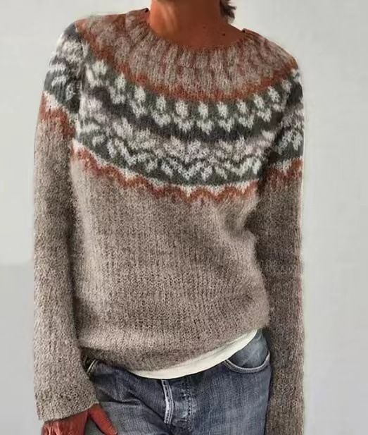 New Style Women's Sweater - Best-selling  Fashionable Loose-Fit Color Block Round Neck Pullover Knitwear with Geometric Pattern  Commuter Style Elegant Temperament / Elegant Demeanor