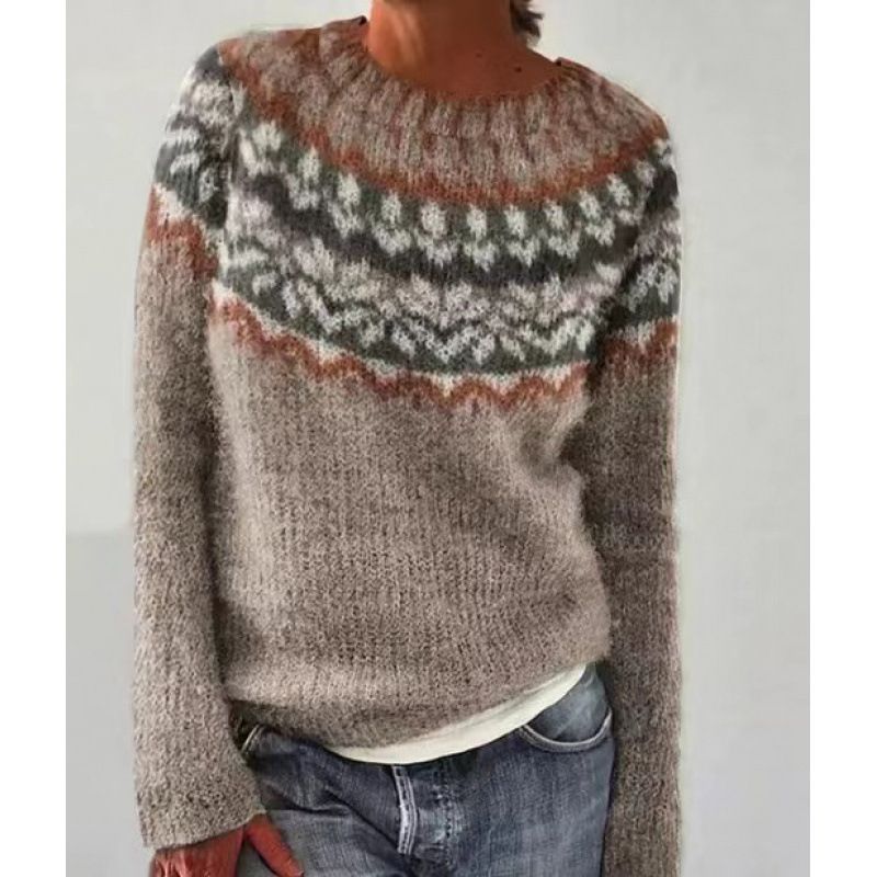 New Style Women's Sweater - Best-selling  Fashionable Loose-Fit Color Block Round Neck Pullover Knitwear with Geometric Pattern  Commuter Style Elegant Temperament / Elegant Demeanor