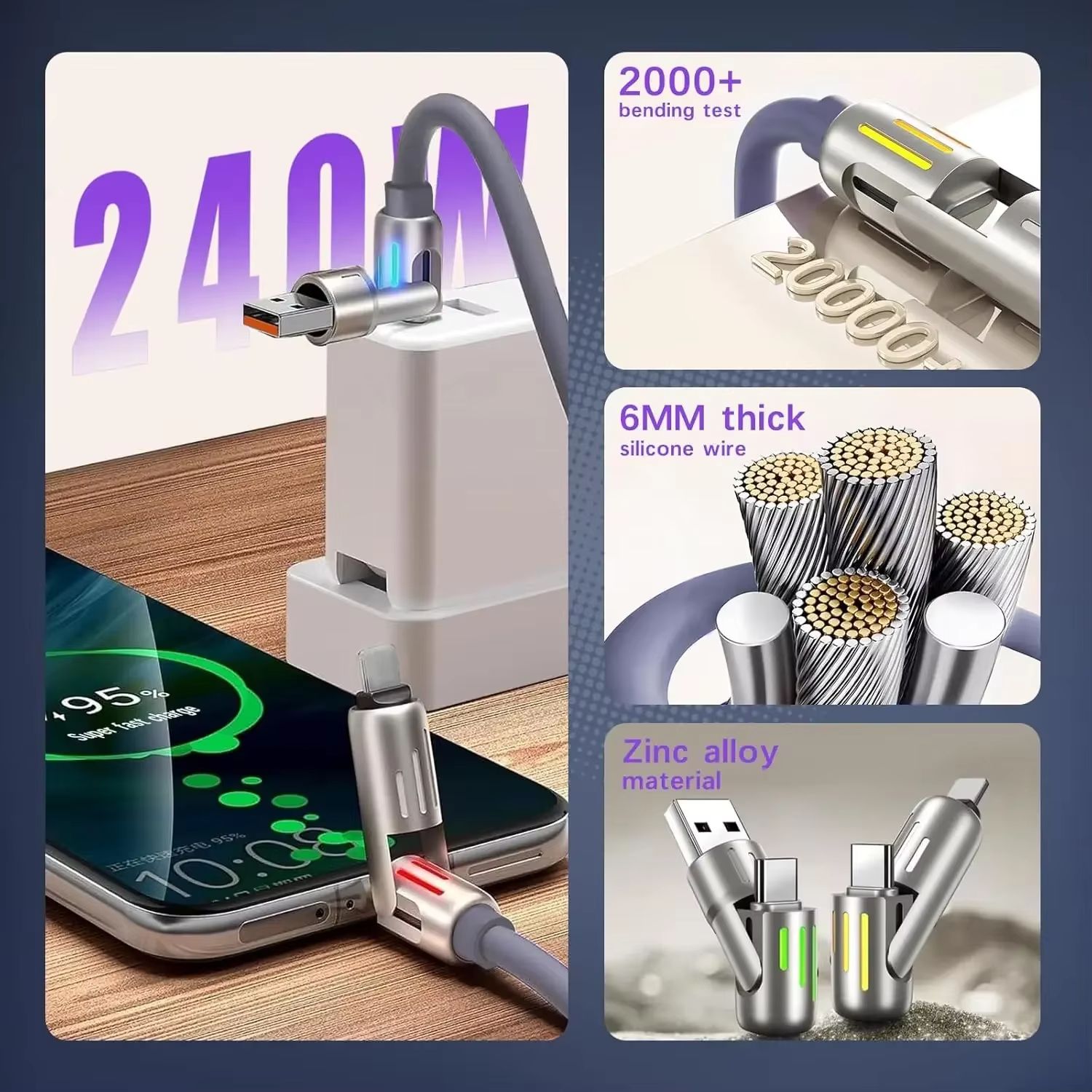 USB C Cable,240W 4 in 1 Multi Charging Cable USB Charger Cable with Breathing Light,Combo L Port/Type C/USB A Fast Charging Cord