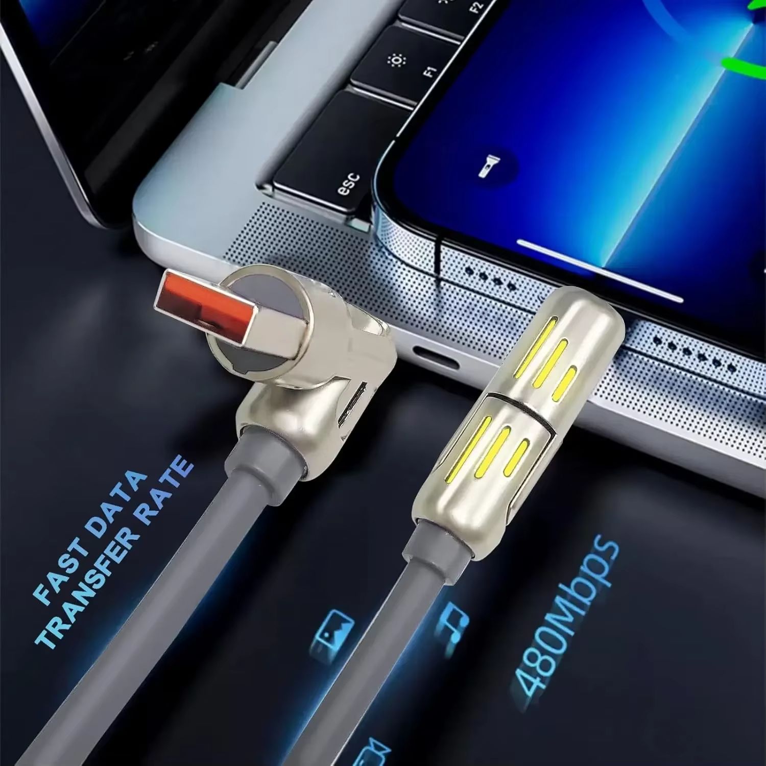 USB C Cable,240W 4 in 1 Multi Charging Cable USB Charger Cable with Breathing Light,Combo L Port/Type C/USB A Fast Charging Cord