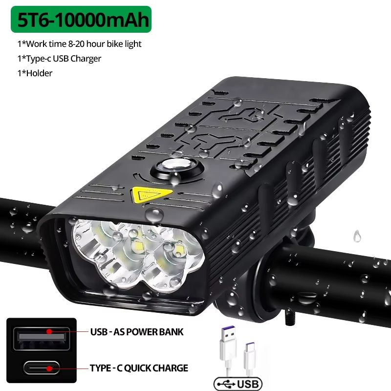 10000mAh USB rechargeable bicycle headlight with 5000 lumens, 5LED ultra bright flashlight