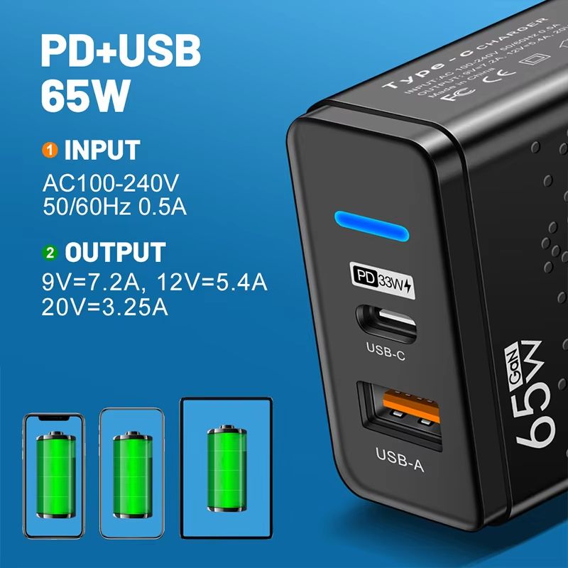 65W USB PD Type-c Charger Travel charging for Macbook Air iphone EU UK Standard Multi Port Mobile Phone Charging Head Suitable