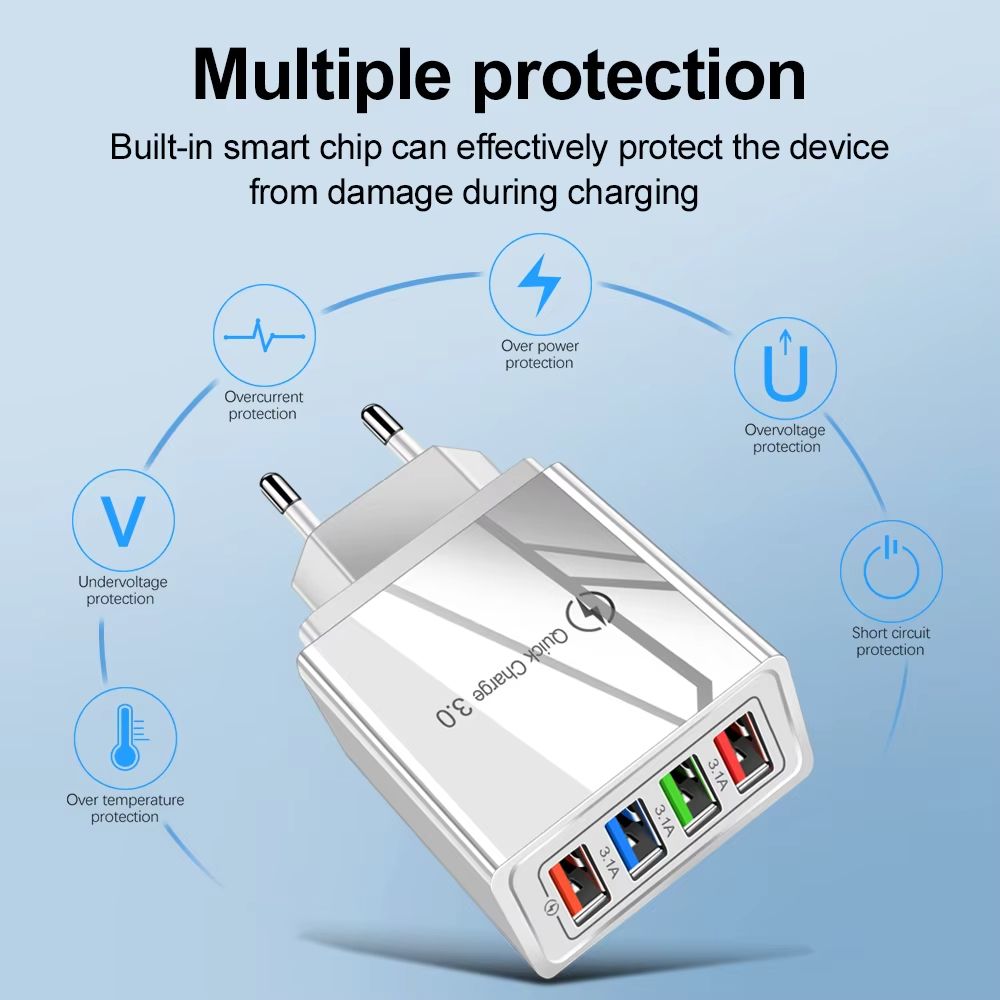 4 Multi Port Fast Quick Charge QC3.0 USB Hub Mains Wall Charger Adapter UK/US/EU Plug