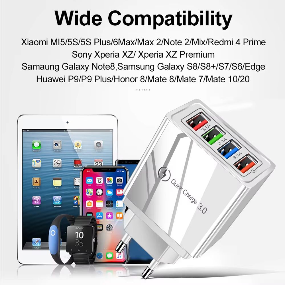4 Multi Port Fast Quick Charge QC3.0 USB Hub Mains Wall Charger Adapter UK/US/EU Plug