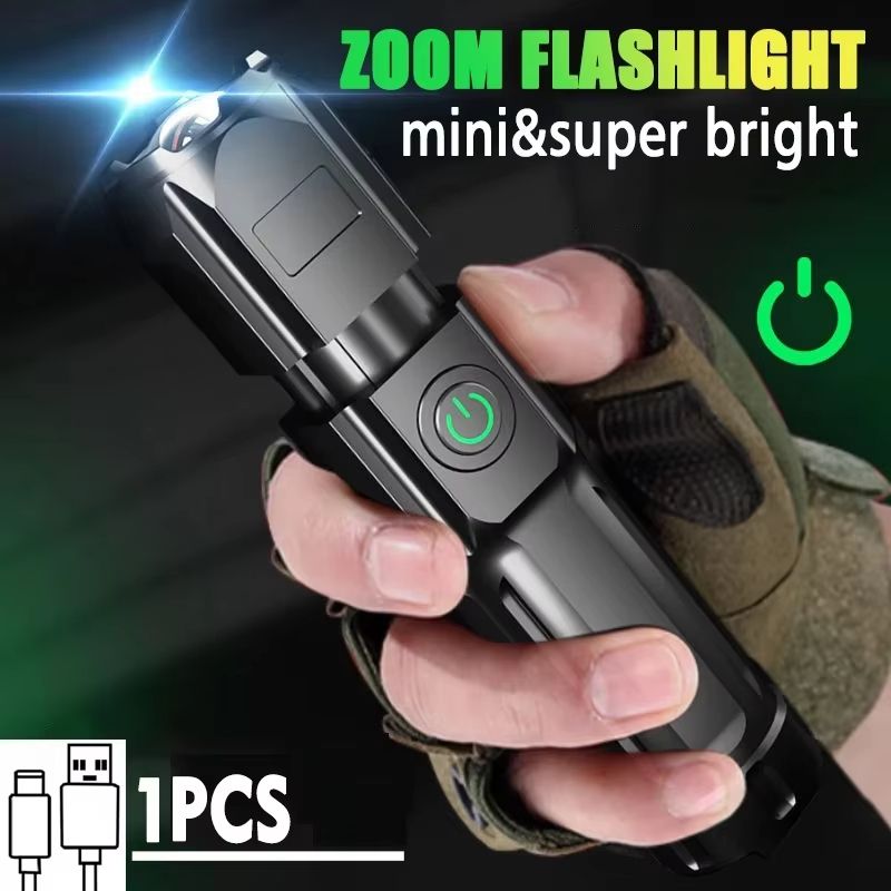 1PCS Strong LED Flashlight Rechargeable USB Waterproof Zoom Fishing Hunting 4 Lighting Modes Long Shot Portable Multifunction Fl