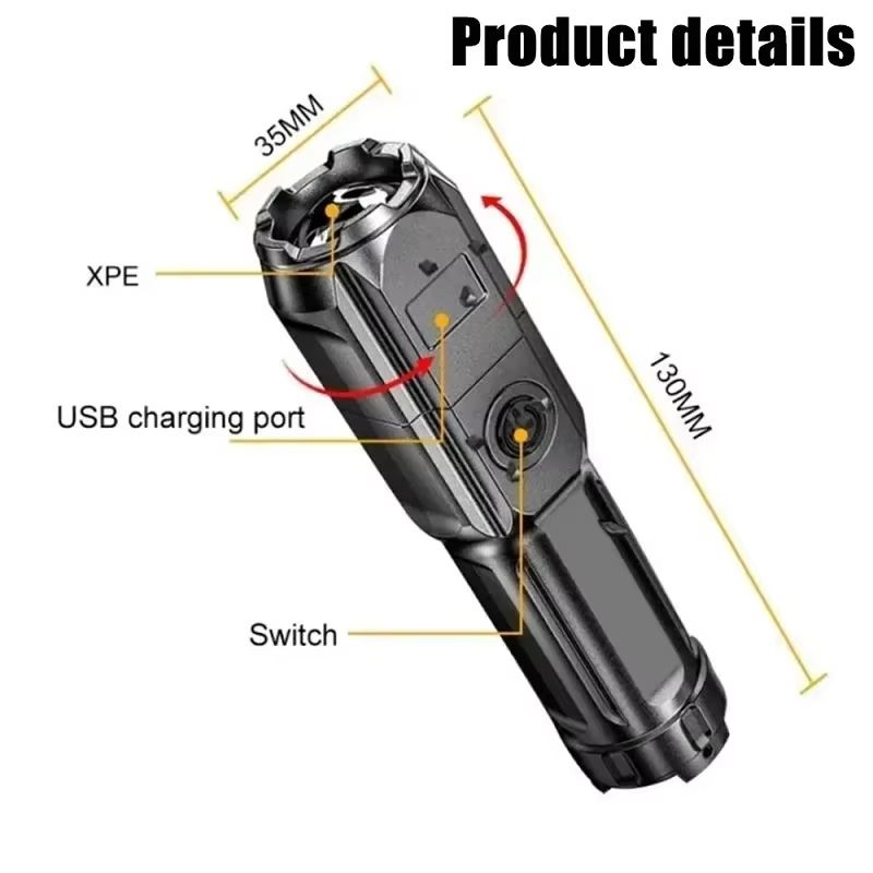 1PCS Strong LED Flashlight Rechargeable USB Waterproof Zoom Fishing Hunting 4 Lighting Modes Long Shot Portable Multifunction Fl