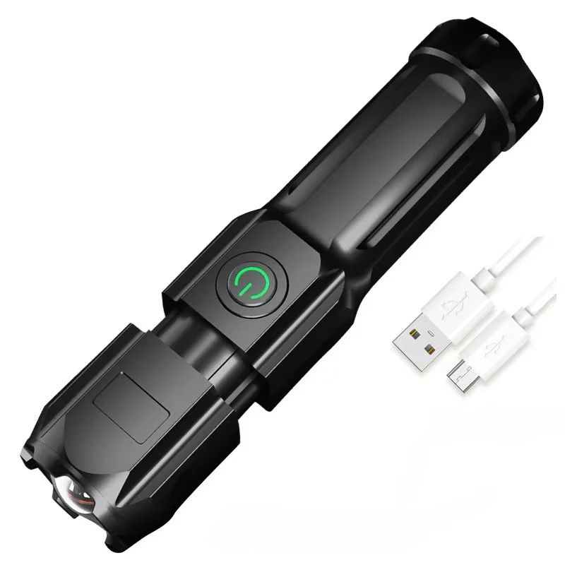 1PCS Strong LED Flashlight Rechargeable USB Waterproof Zoom Fishing Hunting 4 Lighting Modes Long Shot Portable Multifunction Fl