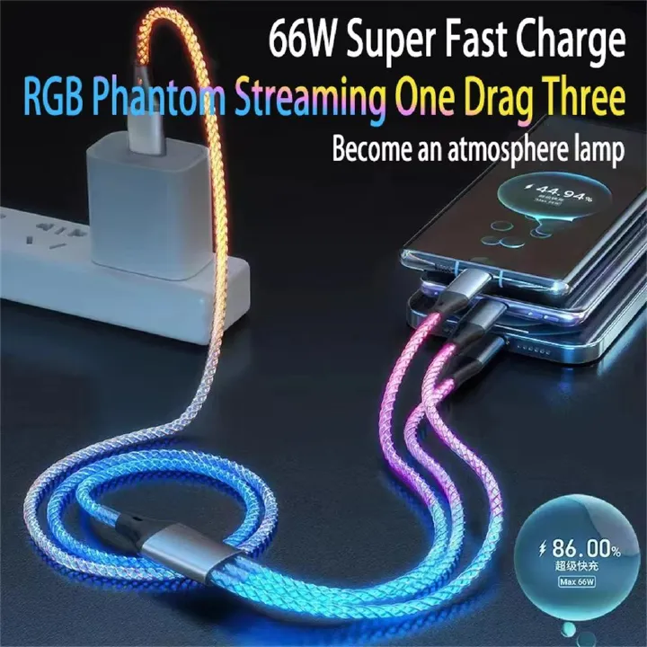 3 IN 1 66W 6A Fast Charging Cable RGB Light USB Type C Micro Data Cord For iPhone 14 Pro Max Xiaomi Redmi 13 Oneplus 12 POCO X6