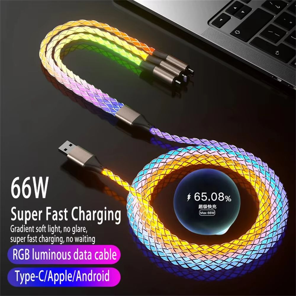 3 IN 1 66W 6A Fast Charging Cable RGB Light USB Type C Micro Data Cord For iPhone 14 Pro Max Xiaomi Redmi 13 Oneplus 12 POCO X6