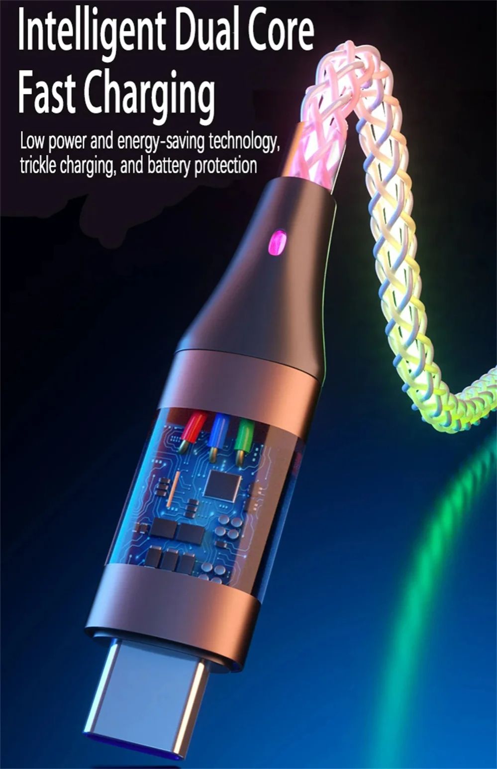 3 IN 1 66W 6A Fast Charging Cable RGB Light USB Type C Micro Data Cord For iPhone 14 Pro Max Xiaomi Redmi 13 Oneplus 12 POCO X6