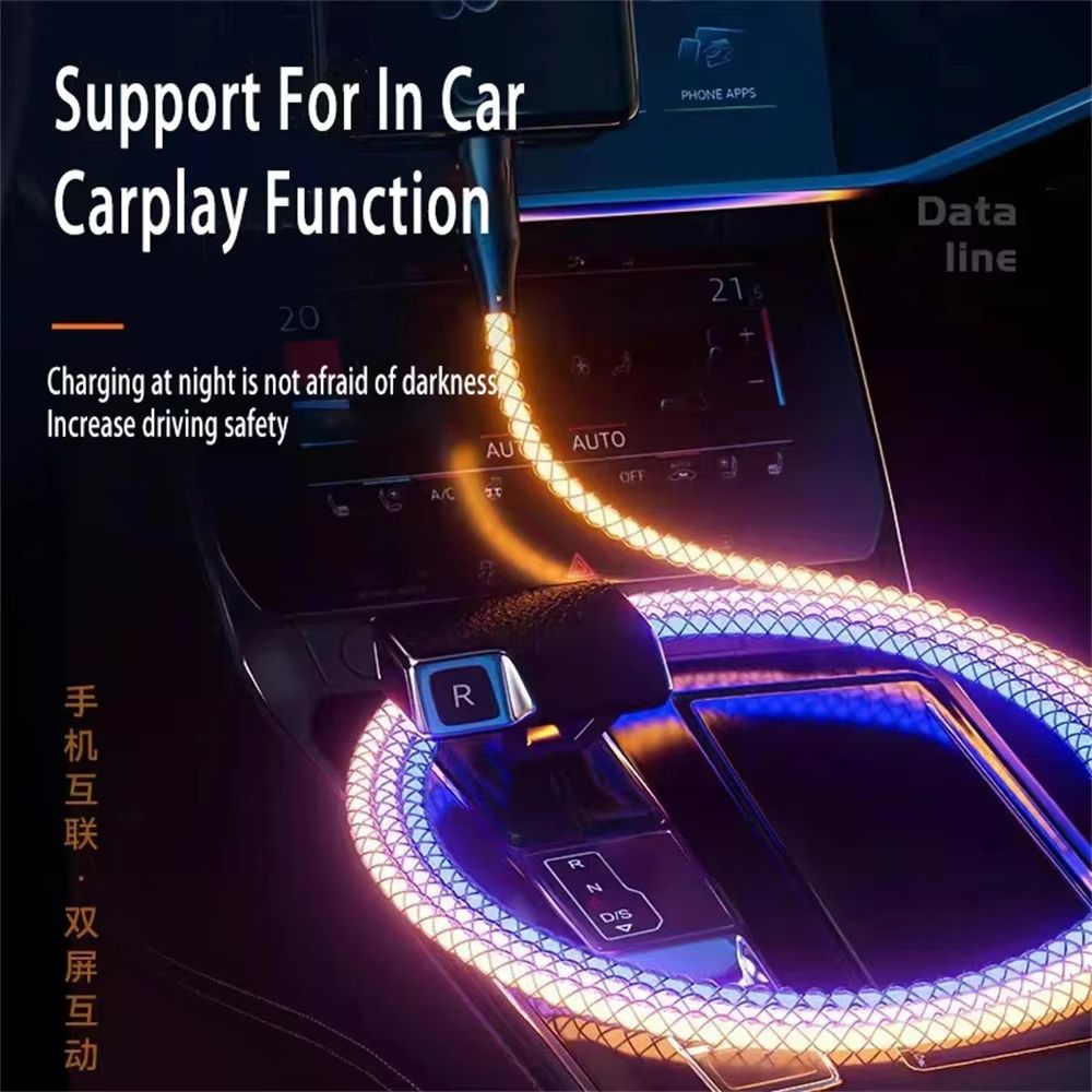 3 IN 1 66W 6A Fast Charging Cable RGB Light USB Type C Micro Data Cord For iPhone 14 Pro Max Xiaomi Redmi 13 Oneplus 12 POCO X6