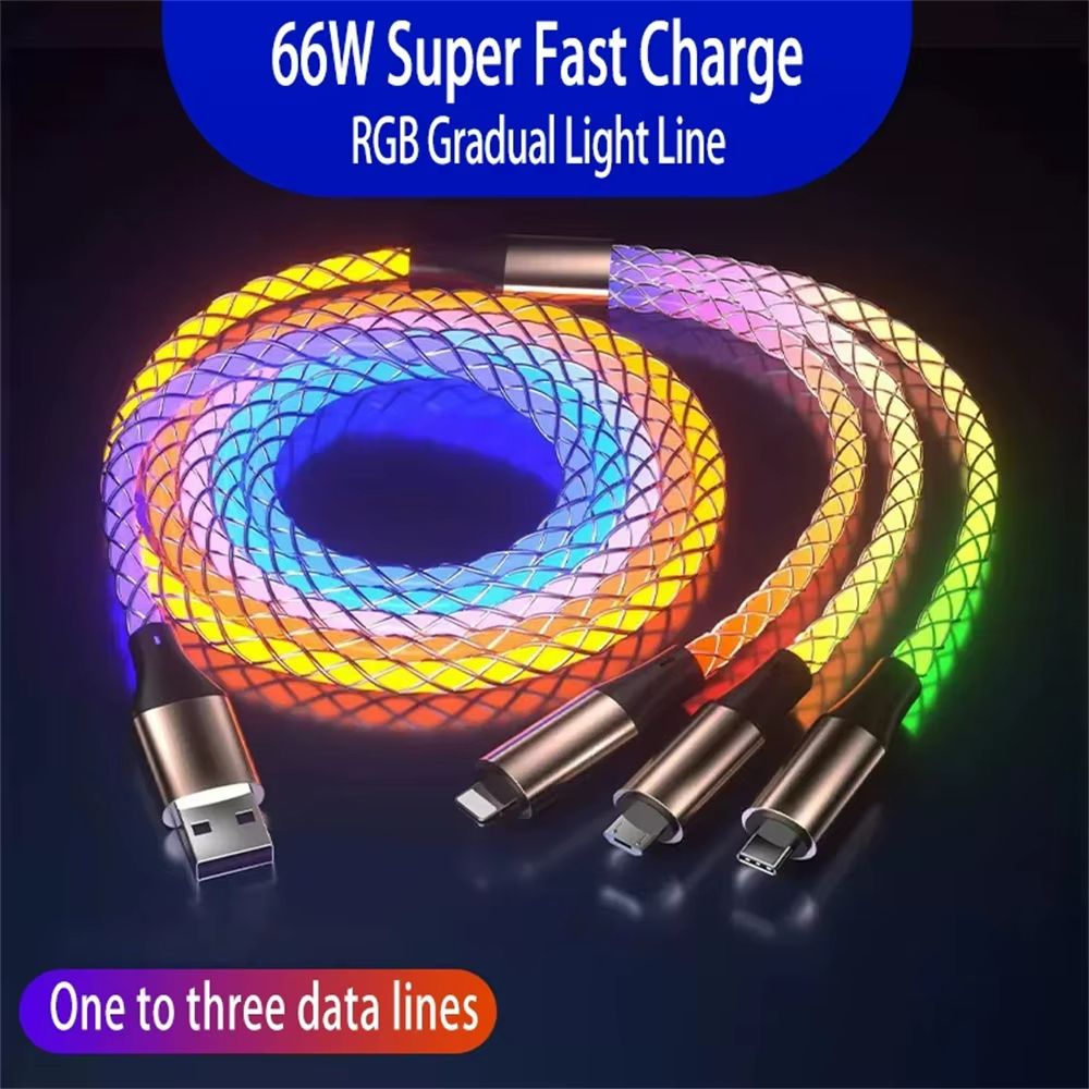 3 IN 1 66W 6A Fast Charging Cable RGB Light USB Type C Micro Data Cord For iPhone 14 Pro Max Xiaomi Redmi 13 Oneplus 12 POCO X6