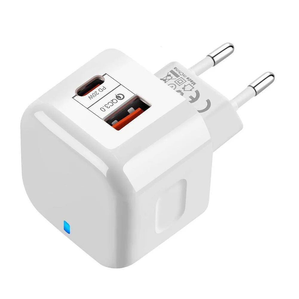 Suitable for Apple Mobile Phone PD Fast Charge Android European Standard Charging Head 20W Dual-Port USB + Type-C Charging Port