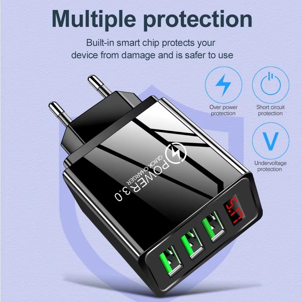 5V3A Multi 3 Ports USB Charger Fast Charging Quick Charge QC3.0 with LED Digital Display Smartphone Charge Head for Xiaomi 14