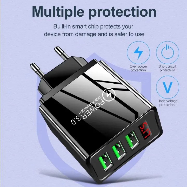 5V3A Multi 3 Ports USB Charger Fast Charging Quick Charge QC3.0 with LED Digital Display Smartphone Charge Head for Xiaomi 14