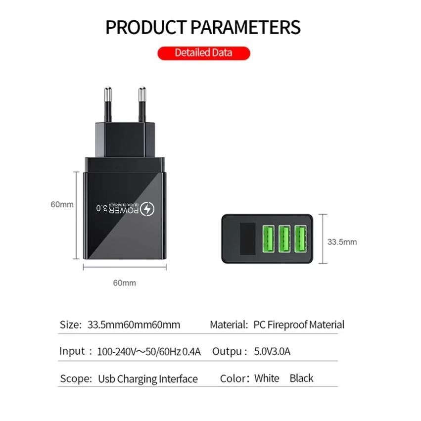 5V3A Multi 3 Ports USB Charger Fast Charging Quick Charge QC3.0 with LED Digital Display Smartphone Charge Head for Xiaomi 14