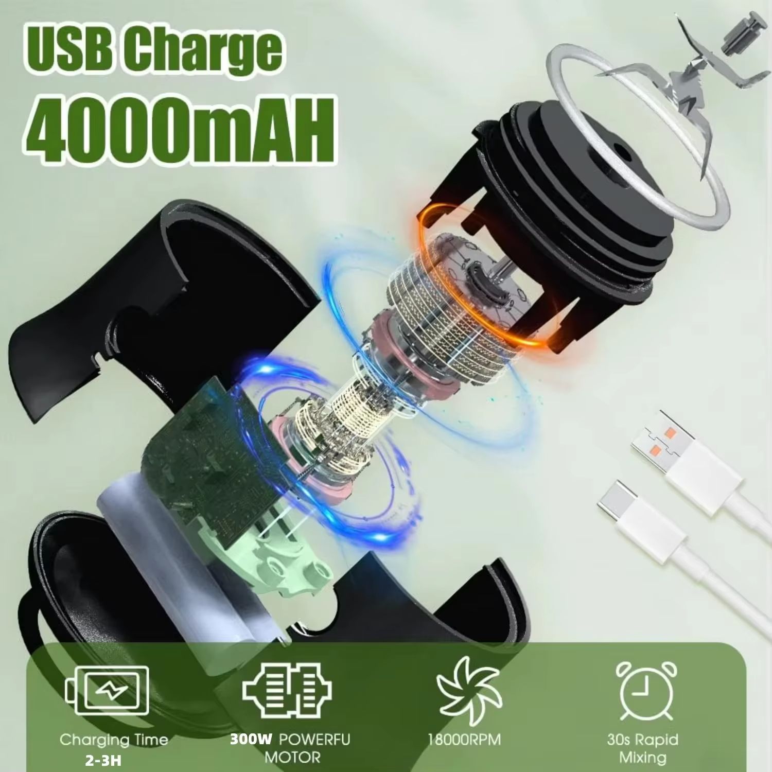 New 180W Portable Juicer Dual-use Juice Cup USB 4000mAh Battery Outdoor Fresh Fruit Blender 4 Blade Smoothie Juices Cup Blender