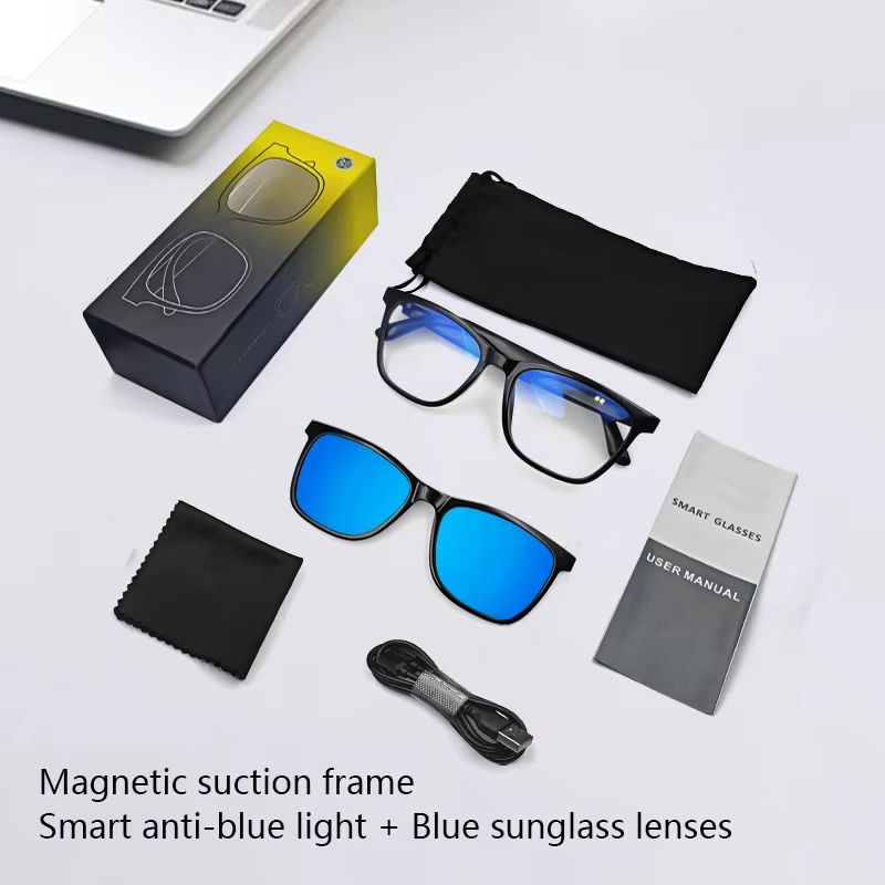 Magnetic Smart Glasses:Blue Light Filtering Polarized Sunglass 2in1 Lenses Audio Built-in Mic & Speakers Touch & Voice Assistant