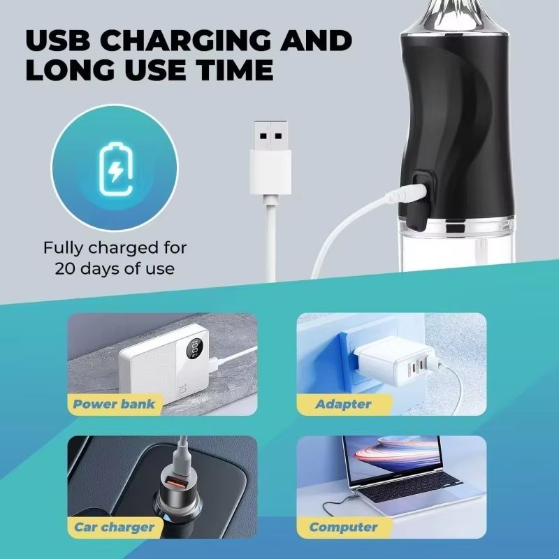 Oral Irrigator Portable USB Rechargeable Dental Water Flosser Water Jet Floss Tooth Pick 4 Jet Tip 220ml 3 Modes IPX7 Waterproof