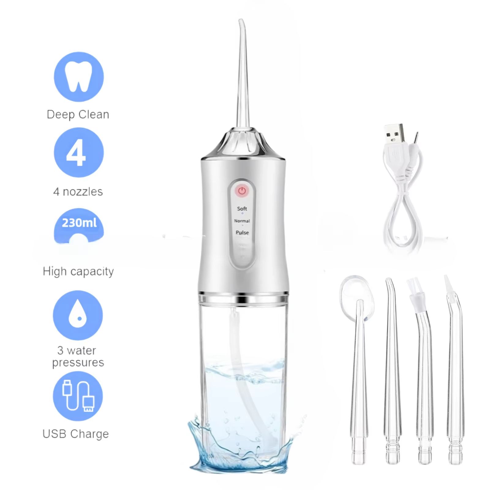 Oral Irrigator Portable USB Rechargeable Dental Water Flosser Water Jet Floss Tooth Pick 4 Jet Tip 220ml 3 Modes IPX7 Waterproof
